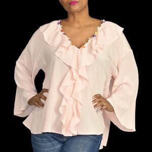 Paul and Joe Silk Blouse Pink Bell Sleeve Top Daisy Chain Ruffles Poet Sz Large